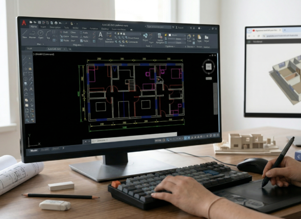 Tutoriel AutoCAD 2026 : création d'un plan 2D sur un poste de travail d'architecte.