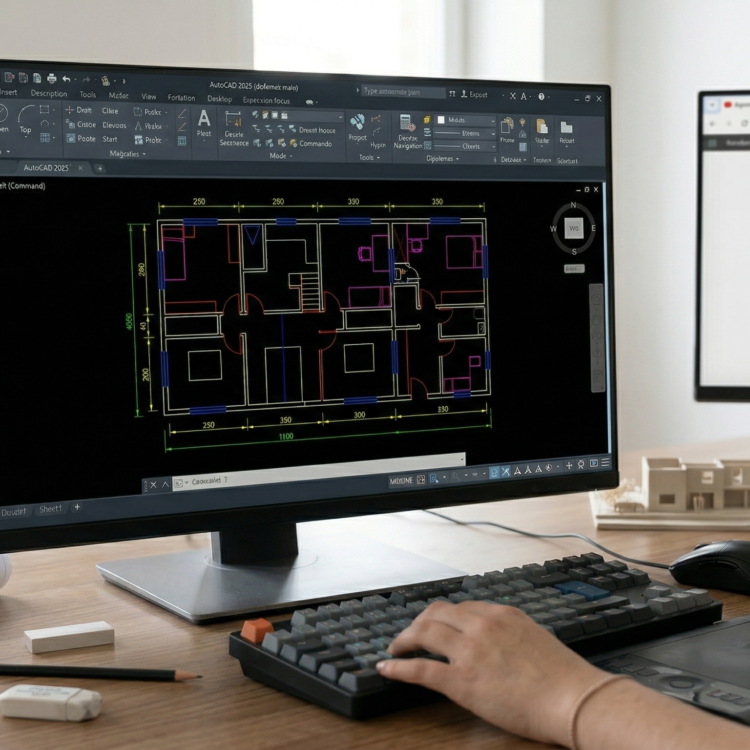 Tutoriel AutoCAD 2026 : création d'un plan 2D sur un poste de travail d'architecte.