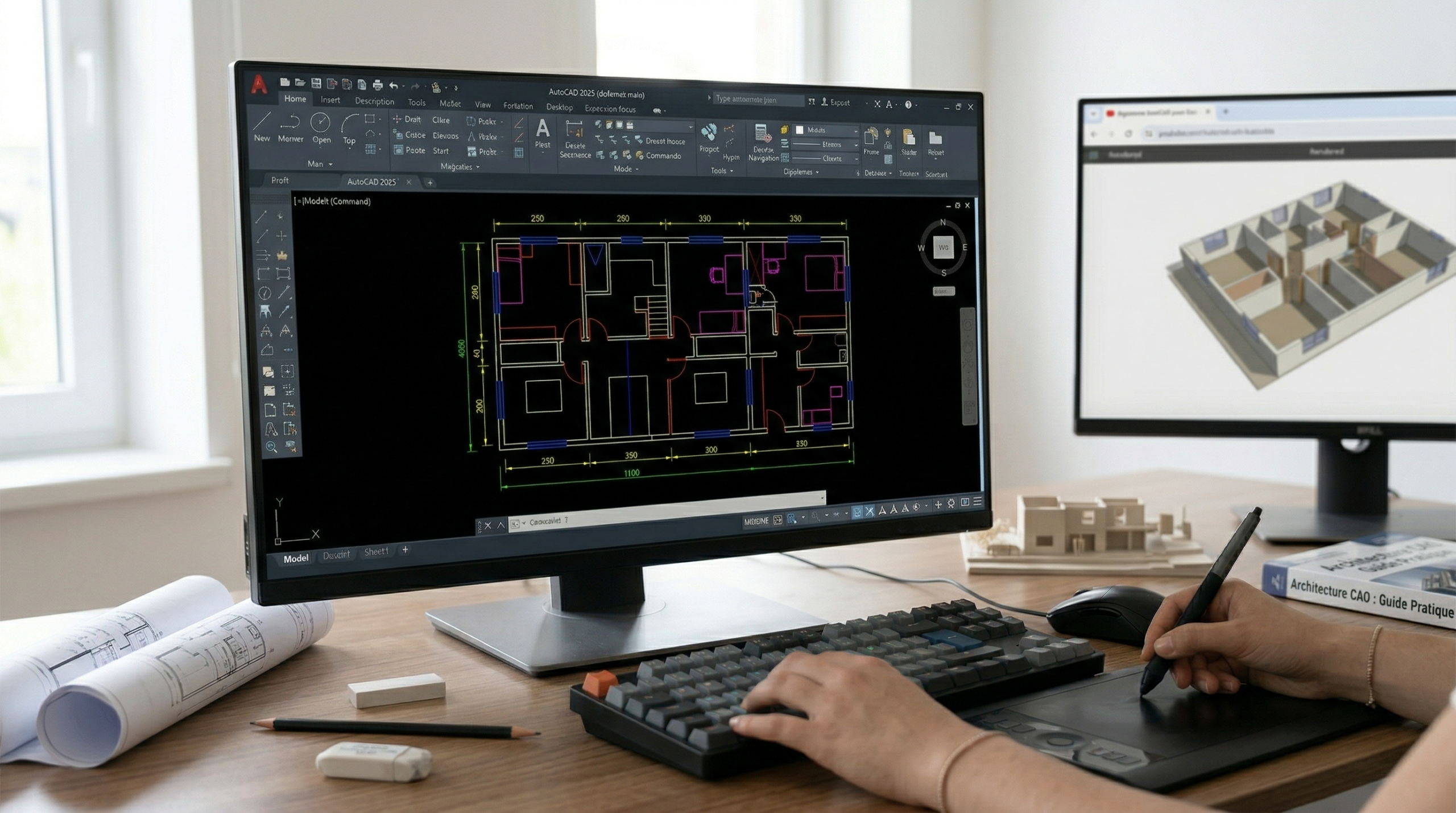 Tutoriel AutoCAD 2026 : création d'un plan 2D sur un poste de travail d'architecte.